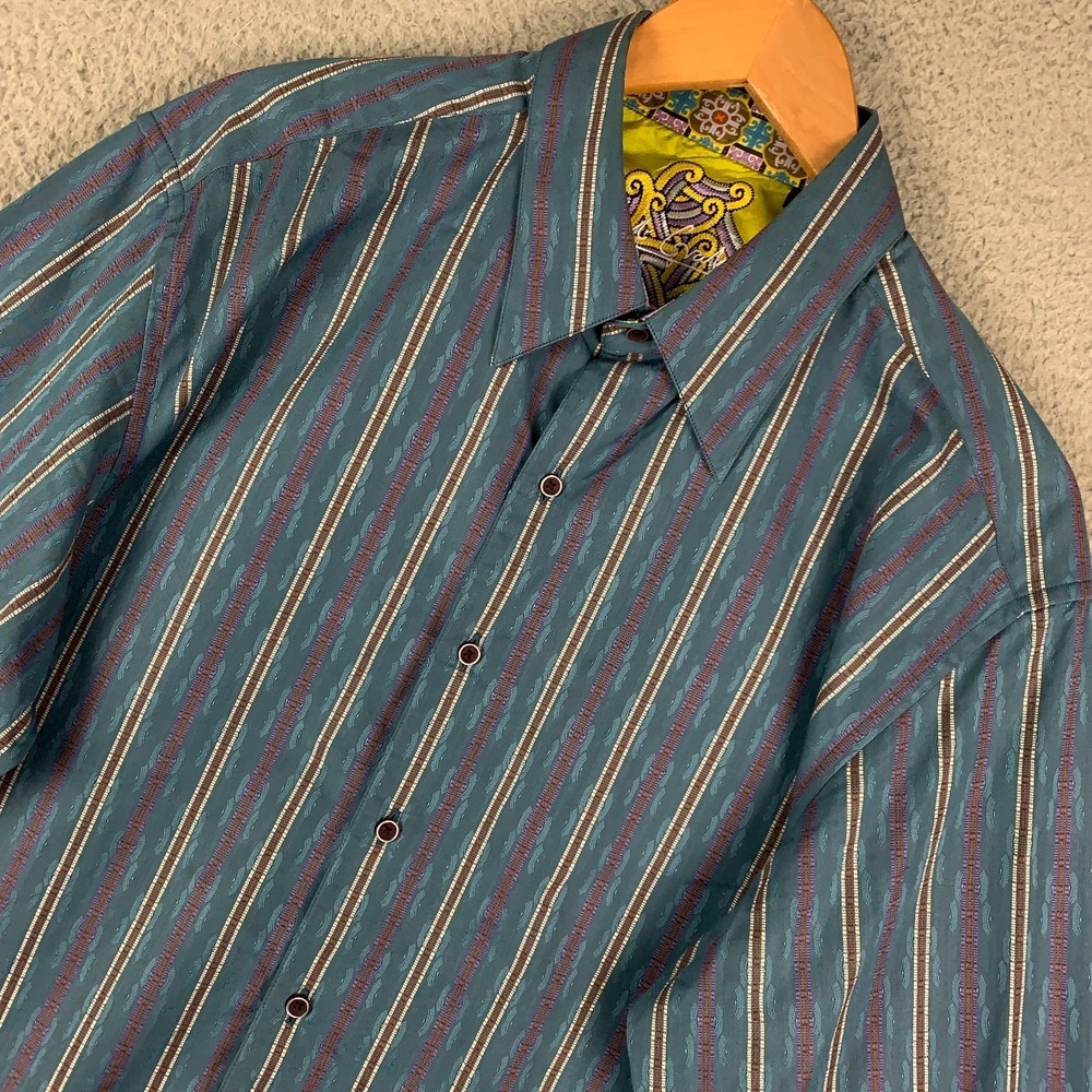 Robert Graham Shirt Men's Large L Blue Striped Long Sleeve Flip Cuff Embroidered